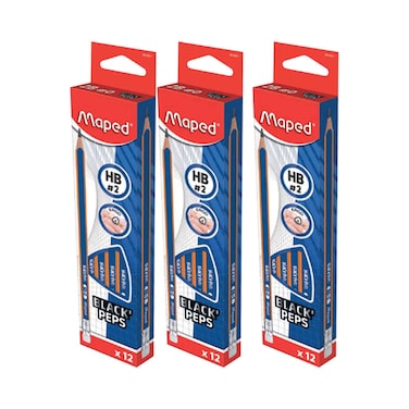 Maped Black Peps Hb Pencil With Eraser 2+1 Pack, 36 Pieces