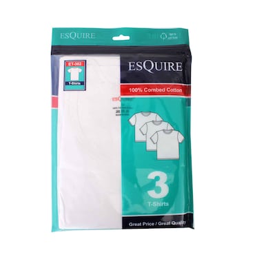 تيشيرت رجالي أبيض سادة من إسكواير، 3 قطع، موديل EV-302، مقاس كبير جدًا (لا يُسترد أو يُستبدل المنتج لأسباب صحية).