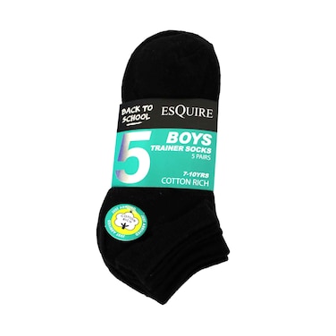 Esquire Boys Trainer Socks 7-10 Years Old, 5 Pairs BPT5-BK Black (No Refund/Exchange for hygienic item)