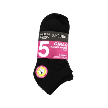 Esquire Girls Trainer Socks 7-10 Years Old, 5 Pairs BPT5-BK Black (No Refund/Exchange for hygienic item)
