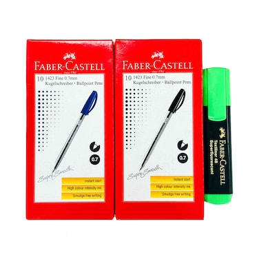 Faber Castell Stationery Set 0.7mm Ball Point Pen 2x10 Pieces With Highlighter Assorted
