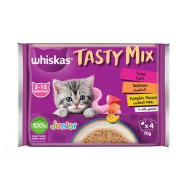 Whiskas Tasty Mix Chicken Tuna,  Salmon &amp; Pumpkin Flavour in Jelly Cat Food 2-12 Months 70g Pack of 4