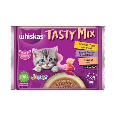Whiskas Tasty Mix Chicken Tuna &amp; Sweet Potato Flavour in Jelly Cat Food 2-12 Months 70g Pack of 4