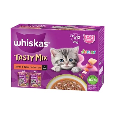 Whiskas Tasty Mix With Land &amp; Sea Collection Flavour in Jelly Cat Food 2-12 Months 70g Pack of 12