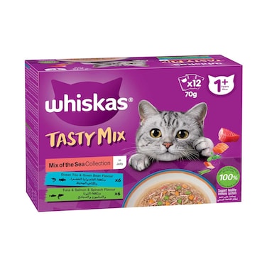 Whiskas Tasty Mix With Mix Of The Tuna Collection Flavour in Jelly Cat Food 1 Years And Above 70g Pack of 12