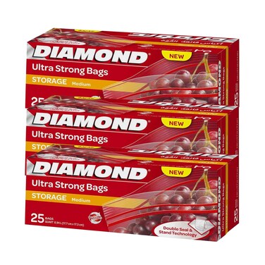 Diamond Ultra Strong Bags Storage Medium Zip Lock 25 Bags 3 Pieces