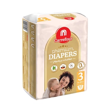 حفاضات ماف كارفور بيبي بريميوم بالصبار وفيتامين إي مقاس 3 6-10 كجم 62 حفاضة
