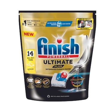 Finish Ultimate Plus Dishwasher Tablets, Lemon Scent, 3x More Cleaning Power, 14 Tabs