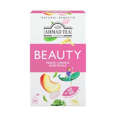 Ahmad Tea Herbal Tea, Peach, Carob, and Rose Petals 'Beauty' Natural Benefits Teabags 1.5gx20 Pieces