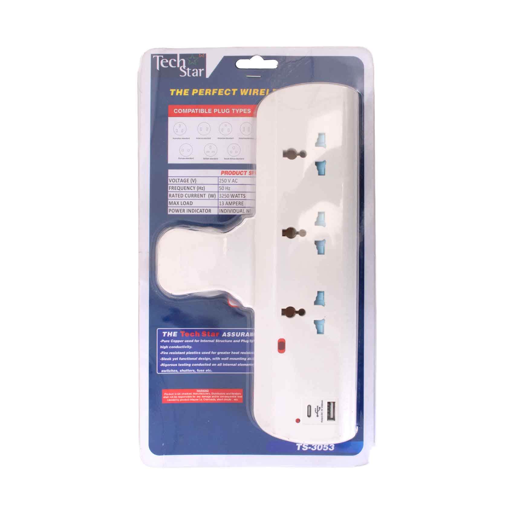 Tech Star 3W T Socket With 1 USB + 1 Type C