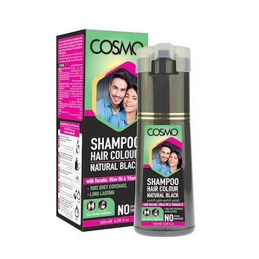 Cosmo Shampoo Hair Colour Natural Black With Keratin Olive Oil &amp; Vitamin E 180ml