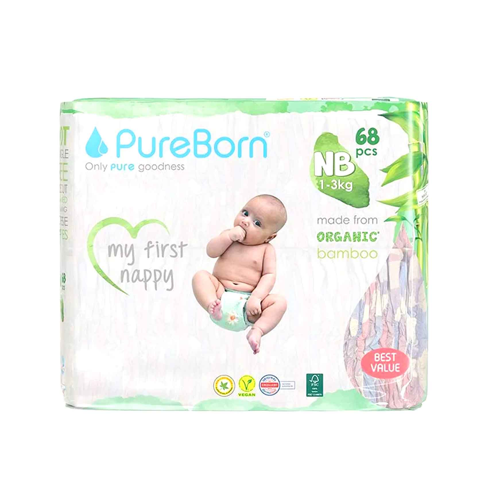 Pure Born Organic Bamboo Baby Diapers New Born, 1-3kg 68 Pieces