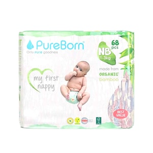 Pure Born Organic Bamboo Baby Diapers New Born, 1-3kg 68 Pieces
