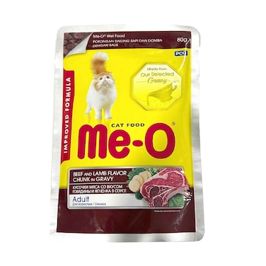 مي أو طعام القطط بنكهة لحم البقر ولحم الضأن مكتنزة في كيس المرق 80 غرام