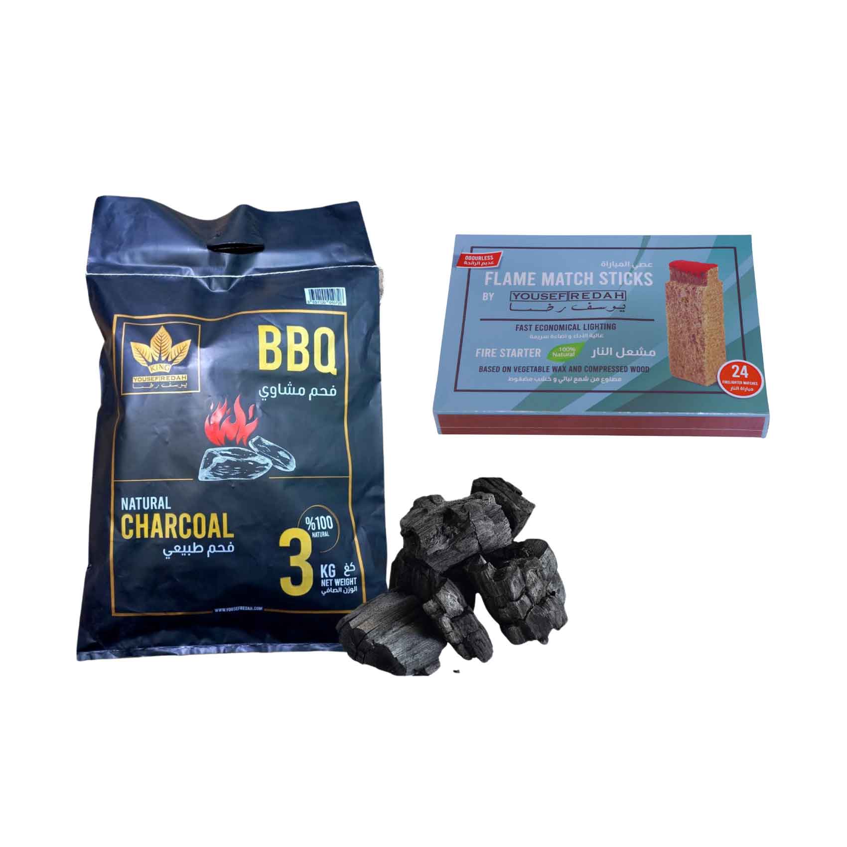 Combo Yousef Redah Charcoal Natural Bbq 3kg + Flame Mtch Sticks