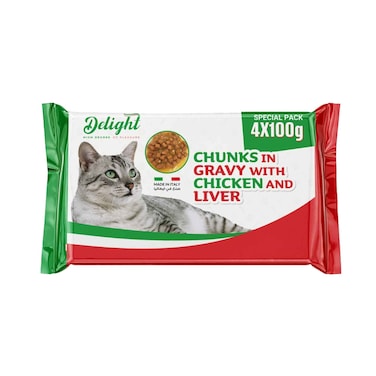 ديلايت طعام قطط قطع في مرق مع دجاج وكبد 100 جرام × 4 قطع