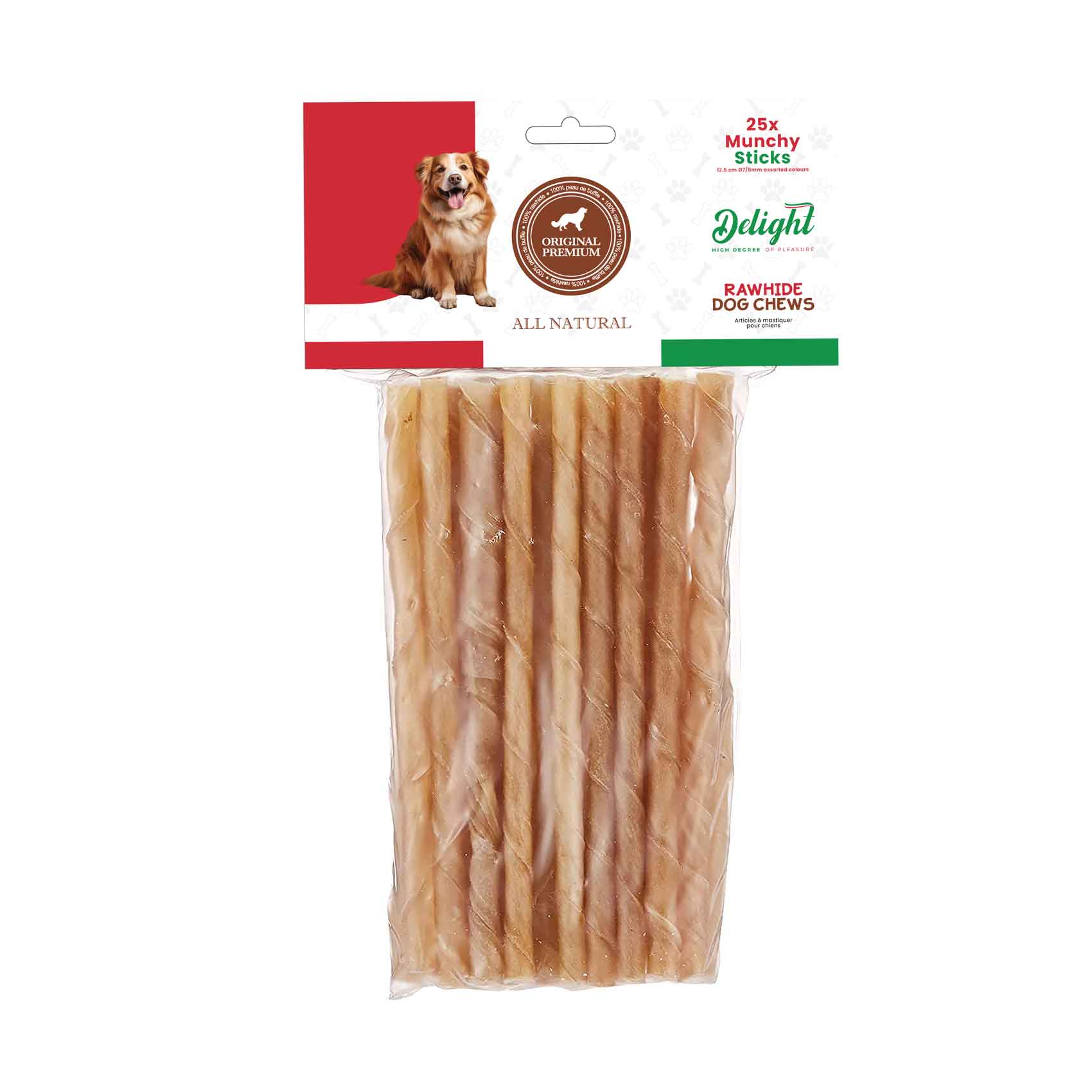 Delight 25x Munchy Assorted Color Sticks 12.5cm- 07/8mm Rawhide Dog Chews