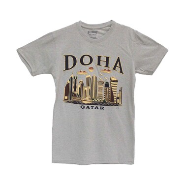 Doha T-Shirt Printed Round Neck Size Small, Ash Grey