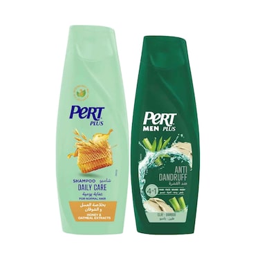 Pert Plus Shampoo Daily Care With Honey &amp; Oatmeal Extract 400ml + Pert Men Plus 4 In 1 Anti Dandruff With Clay &amp; Bamboo 360ml
