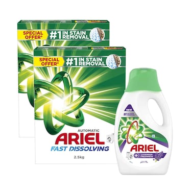 أريال مسحوق غسيل تلقائي أصلي سريع الذوبان 2.5 كجم × 2 عبوتين + سائل غسيل لافندر الانتعاش 1 لتر