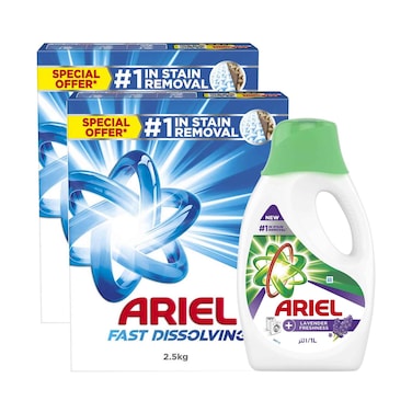 Ariel Fast Dissolving Detergent Powder 2.5kgx2 Pieces + Ariel Lavender Fresh Liquid Detergent 1l