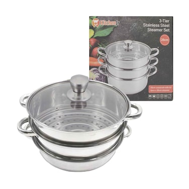 Kitchen JR Steamer Set 3 Tier Stainless Steel 28CM Casserole with Lid