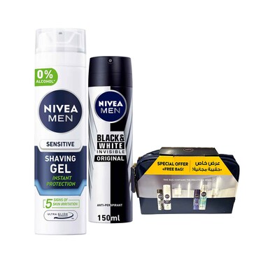 Nivea Men Shaving Gel Sensitive 200ml + Anti-Perspirant Spray 150ml + Free Bag