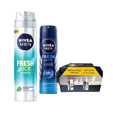 Nivea Men Shaving Gel Fresh Kick 200ml + Deodorant Spray 150ml + Free Bag