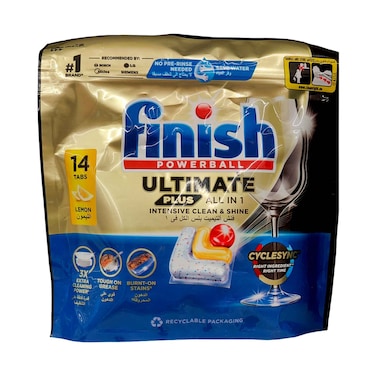 Finish Ultimate Plus Dishwasher Tablets Lemon Scent 3x More Cleaning Power 14 Tabs