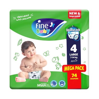 Fine Baby Diaper Size 4 Large 7 to 14Kg 74 Diapers
