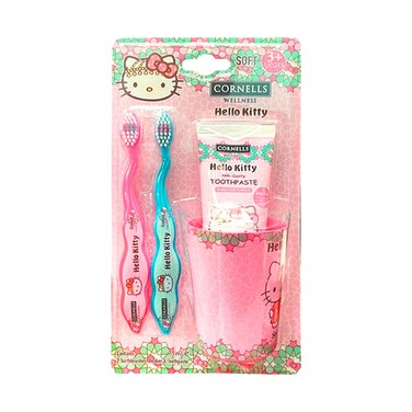 Cornells Hello Kitty 2 Toothbrushes Beaker &amp; Toothpaste