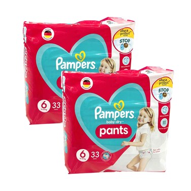 حفاضات بامبرز بيبي دراي بانتس مقاس 6 (للأطفال 16-20 كجم) 33 حفاضة × عبوتين