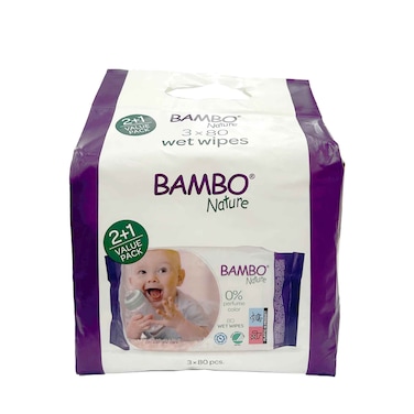 مناديل مبللة بامبو ناتشور بدون عطر أو لون 80 منديل × 3 عبوات