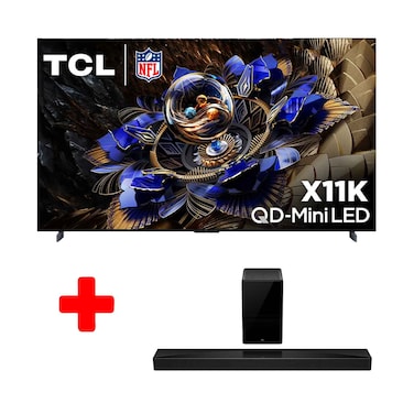 تلفزيون TCL الذكي سلسلة X11K بريميوم QD-MiniLED QLED بدقة 4K UHD Google Smart TV بحجم 85 بوصة موديل 85X11K + مكبر صوت TCL بقناة 5.1.2 بقدرة 620 واط موديل Q75H مع مضخم صوت لاسلكي