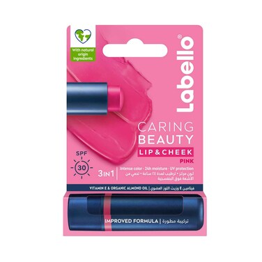 Labello Lip &amp; Cheek Balm, Caring Beauty-Pink With Spf 30, Vitamin-E &amp; Organic Almond Oil 4.8g