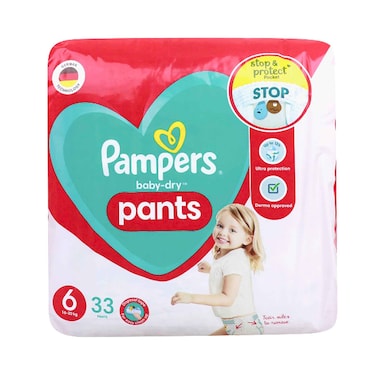حفاضات بامبرز بيبي دراي بانتس مقاس 6 (وزن 16-20 كجم)، 33 قطعة