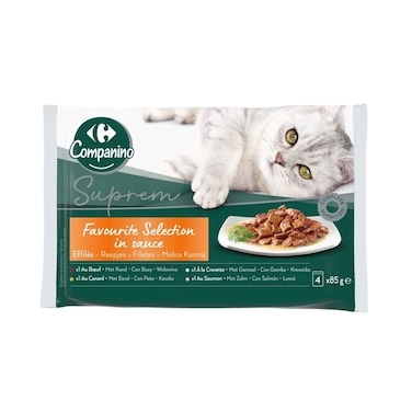 طعام القطط البالغة كارفور كومبانينو، مبشور في صلصة، لحم بقري، بط، 85 جرام × 4 قطع