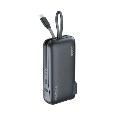باور بانك مدمج فائق الصغر من Promate مع كابل USB-C مدمج بسعة 10000 مللي أمبير
