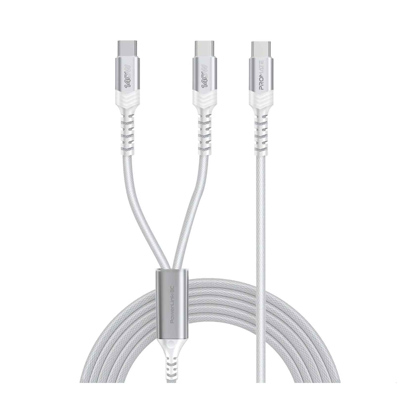 Promate Fabric Braided USB-C to Dual USB-C Charging Cable 140W