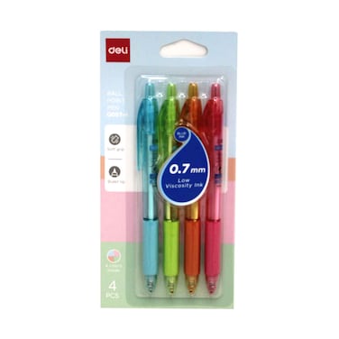 Deli 0.7mm Ball Point Pen With Soft Grip Blue Ink 4 Colours, 4 Pieces
