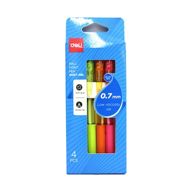 Deli 0.7mm Ball Point Xtream Pen Blue Ink 4 Colours, 4 Pieces