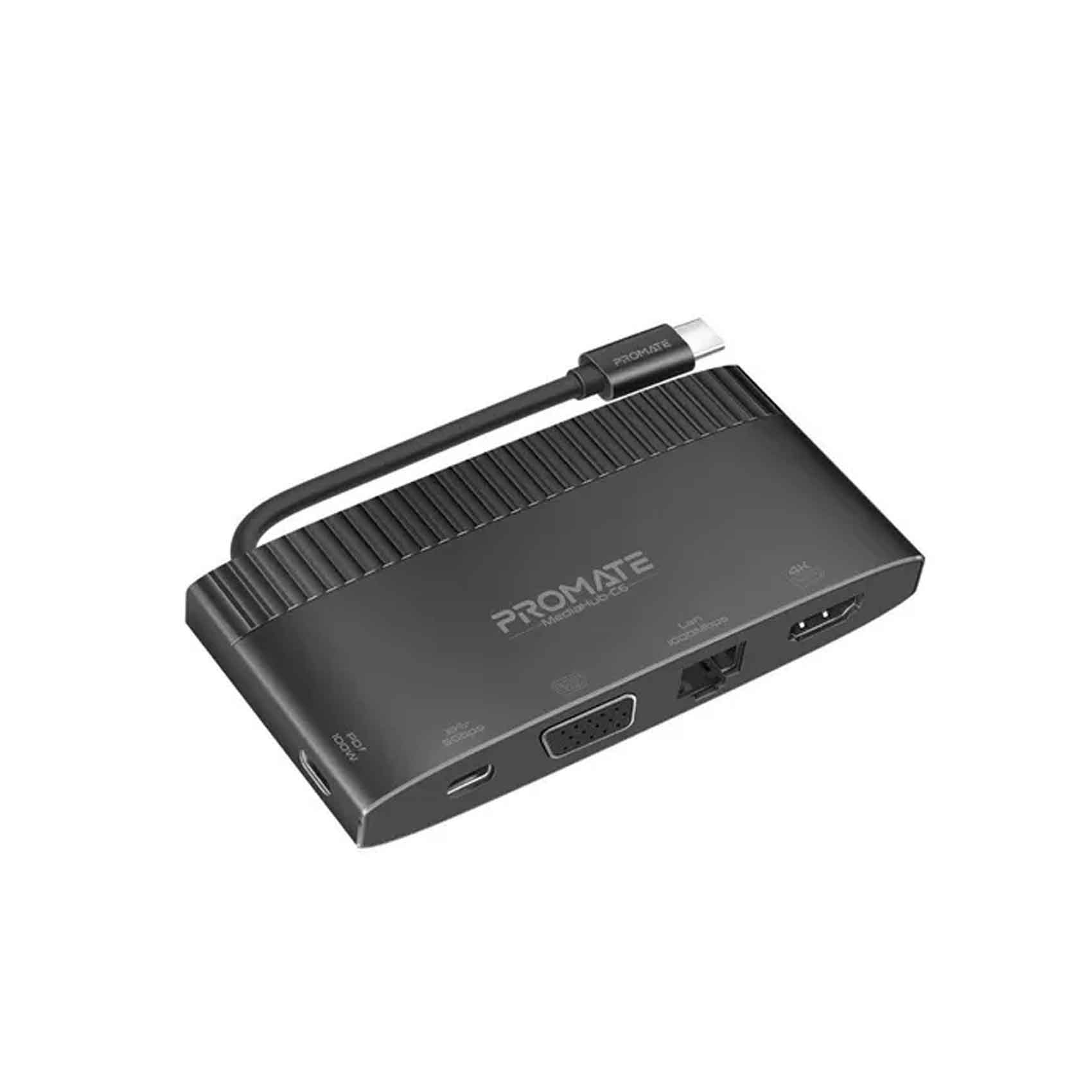 Promate Media Hub 6-in-1 Super Speed USB-C 100W Power Delivery 4K HDMI 1080P VGA Dual Display Support