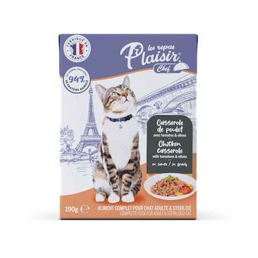 Plaisir Chef Wet Food For Adult &amp; Sterilised Cat, Chicken Casserole With Tomatoes &amp; Olives In Gravy 190g