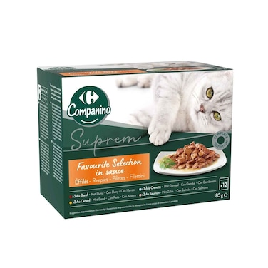طعام قطط كارفور كومبانينو مبشور بالصلصة مع لحم البقر والبط والروبيان والسلمون الممتاز 85 جرام × 12 قطعة