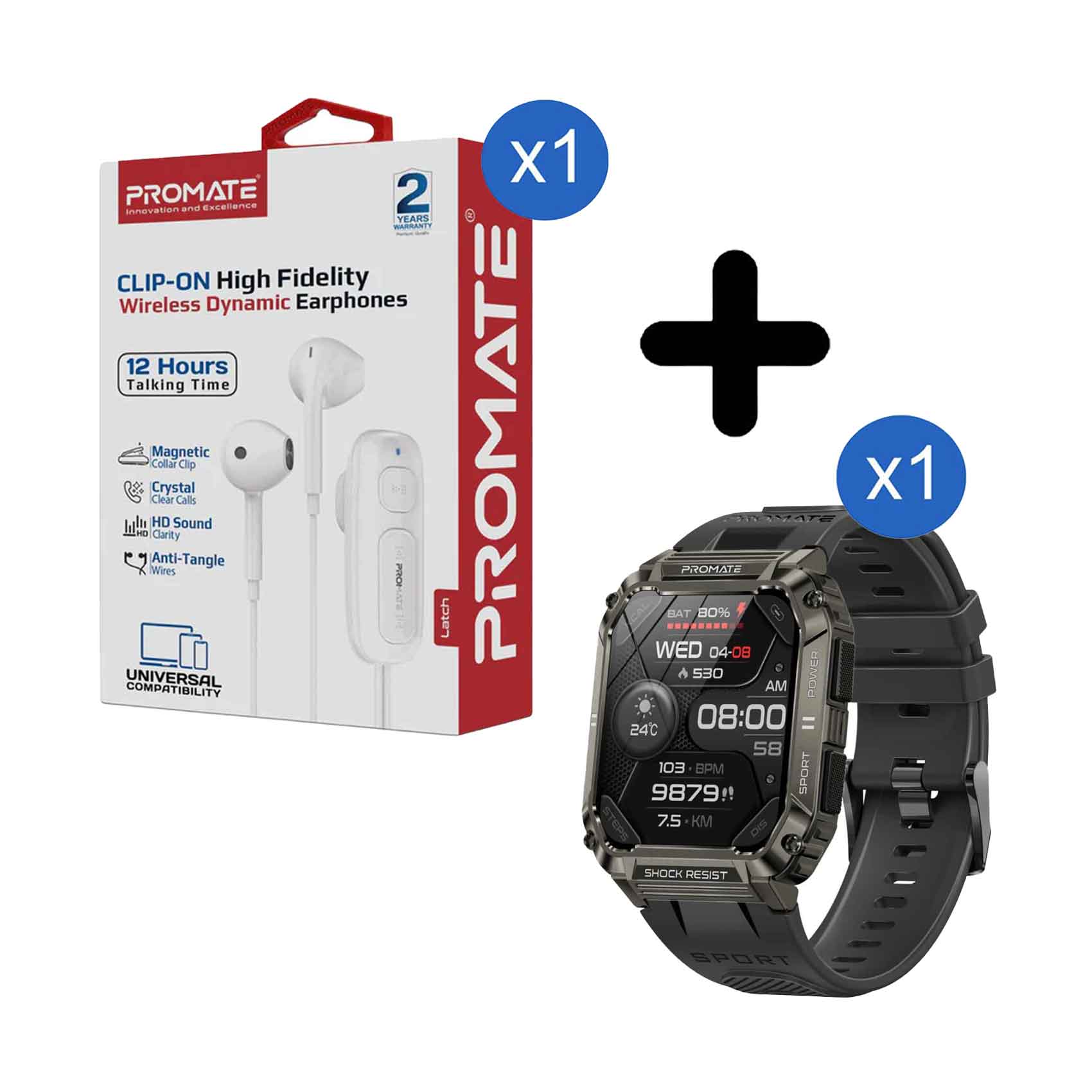 Promate Active Lifestyle Smartwatch With Wireless BT Calling + Promate Clip on High Fidelity Bluetooth V5.3 Version Wireless Earphones