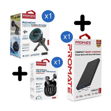 Promate Power Bank Bolt 10000MAH - Black + Promate Hybrid Earbuds Anc Tws + Promate Cradless Phone Car Charger