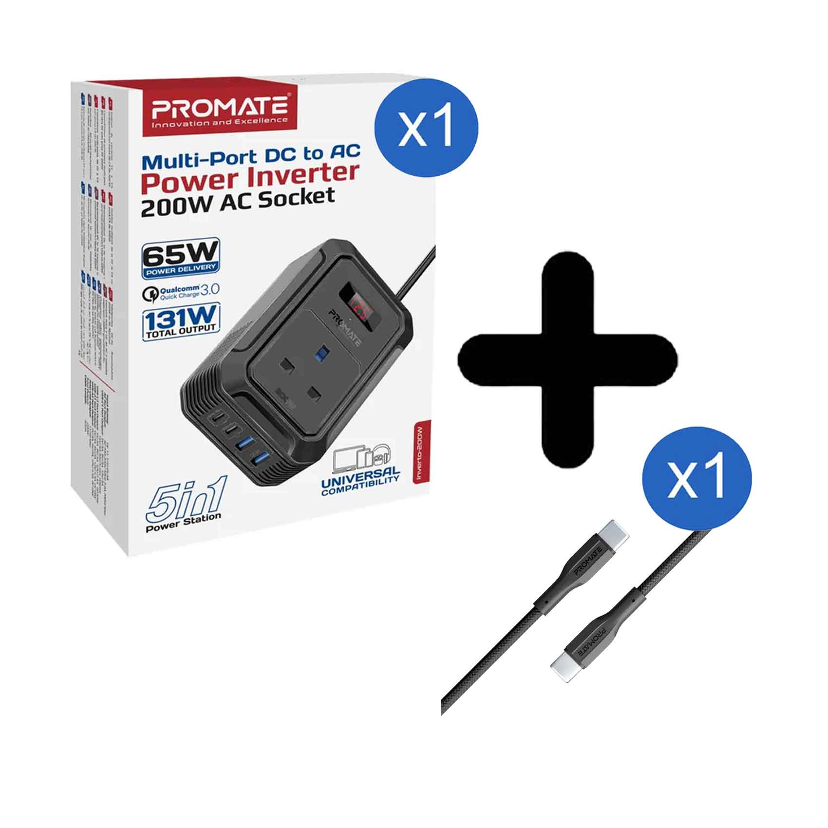 Promate Multi Port DC to AC Power Inverter AC Socket 200W + Promate USB to USB-C Cable, Durable Silicone Type-C Charging Cable with 2A Fast Charging, 480 Mbps Data Sync, 1m Anti-Tangle Wire and 10000 Long Bend Lifespan for Galaxy S22, iPad Air, XCord-AC Black