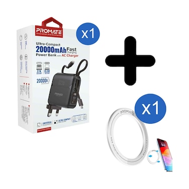 باور بانك بسعة 20000 مللي أمبير Pb 27 Pd Usb C من Promate + حامل مغناطيسي متوافق مع MagSafe بزاوية دوران 360 درجة من Promate