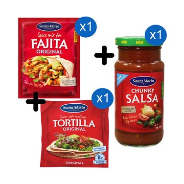 Santa Maria Tortilla Wraps Original Medium 320g (8 Pieces) + Santa Maria Spice Mix For Fajita Original Medium 28g + Santa Maria Sauce Chunky Salsa Mild 230g