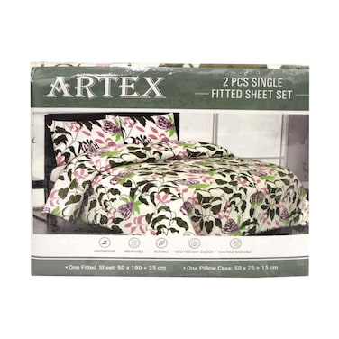 Artex Single Fitted Bedsheet 90x190+25cm With Pillow Cover Assorted 50x75+15cm